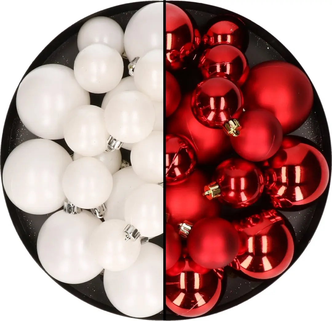 Kerstversiering kunststof kerstballen kleuren mix rood/winter wit 6-8-10 cm pakk