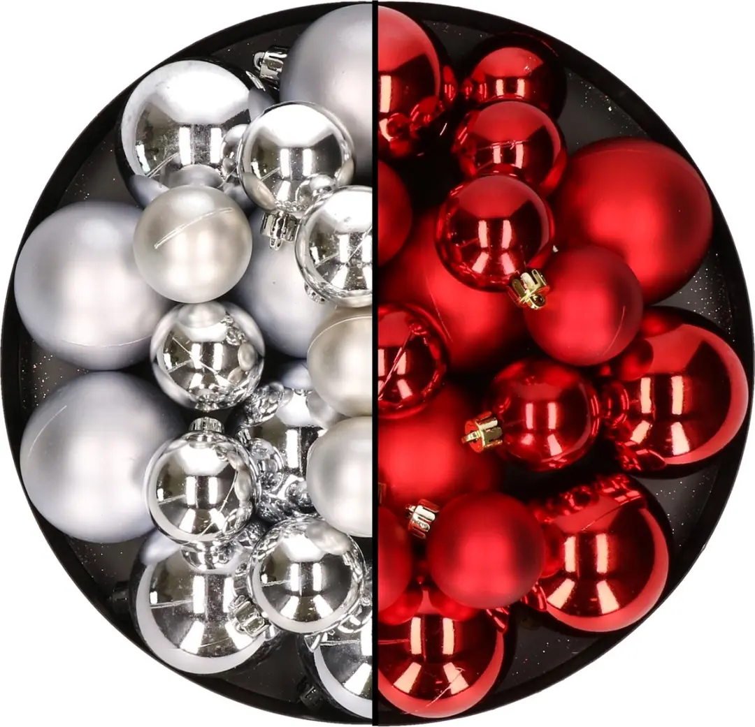 Kerstversiering kunststof kerstballen kleuren mix rood/zilver 6-8-10 cm pakket v