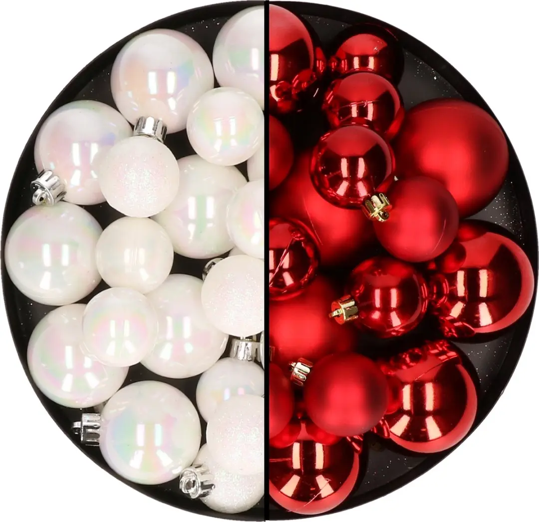 Kerstversiering kunststof kerstballen kleuren mix rood/parelmoer wit 6-8-10 cm p