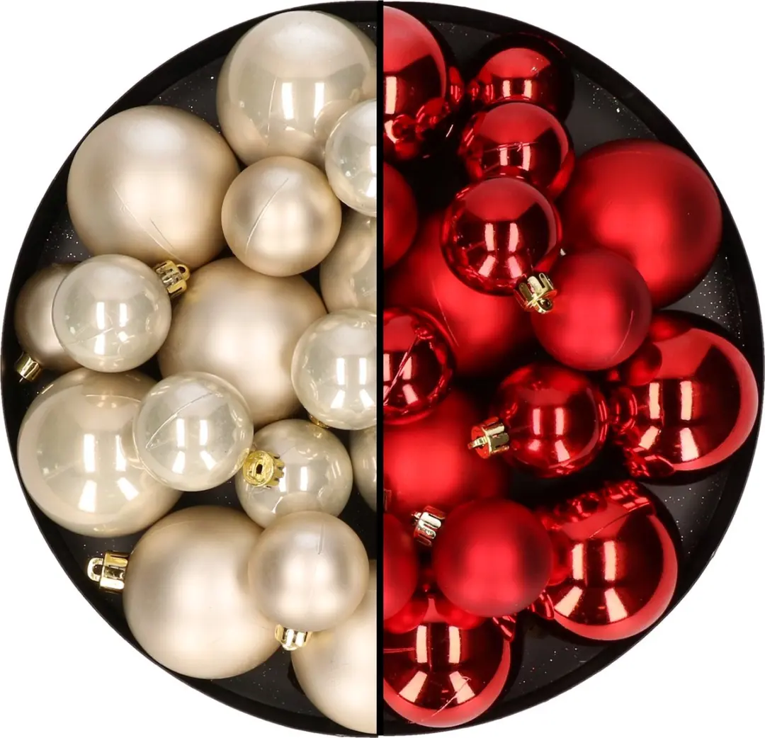 Kerstversiering kunststof kerstballen kleuren mix rood/champagne 6-8-10 cm pakke
