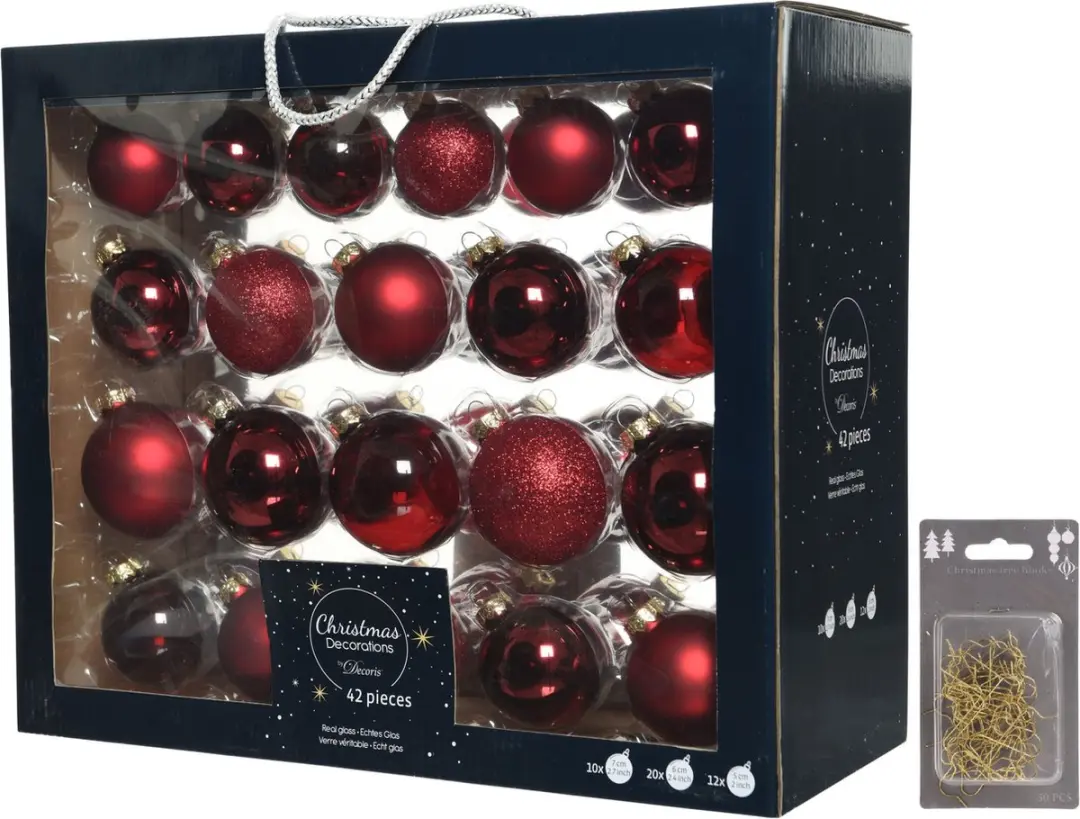 Kerstversiering glazen kerstballen pakket 5-6-7 cm donkerrood mix 42x stuks met