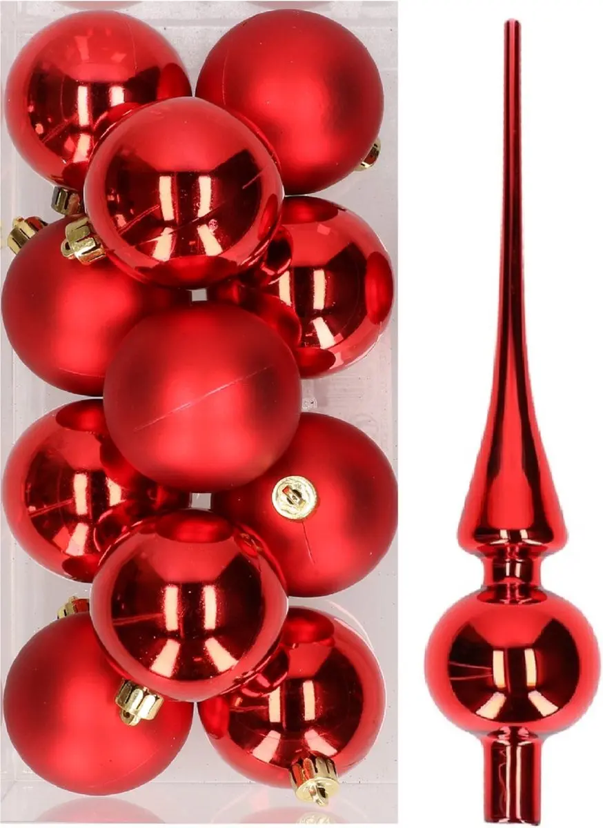 12x Kerst rode kunststof kerstballen met glazen piek glans