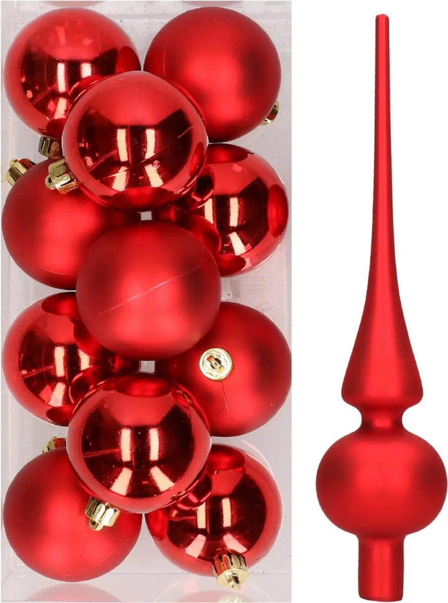 12x Kerst rode kunststof kerstballen met glazen piek mat