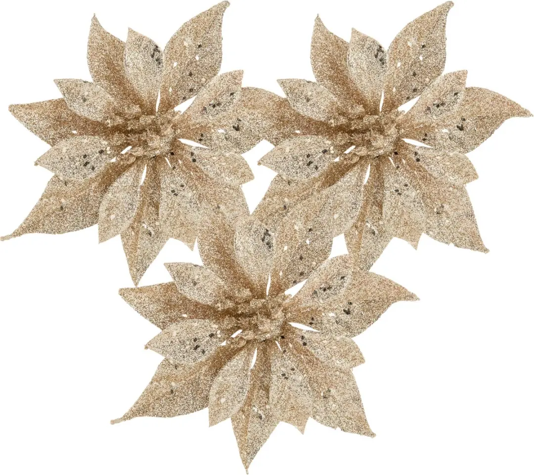 Cosy and Trendy kerstboomversiering bloemen op clip -3x -champagne -18 cm glitte