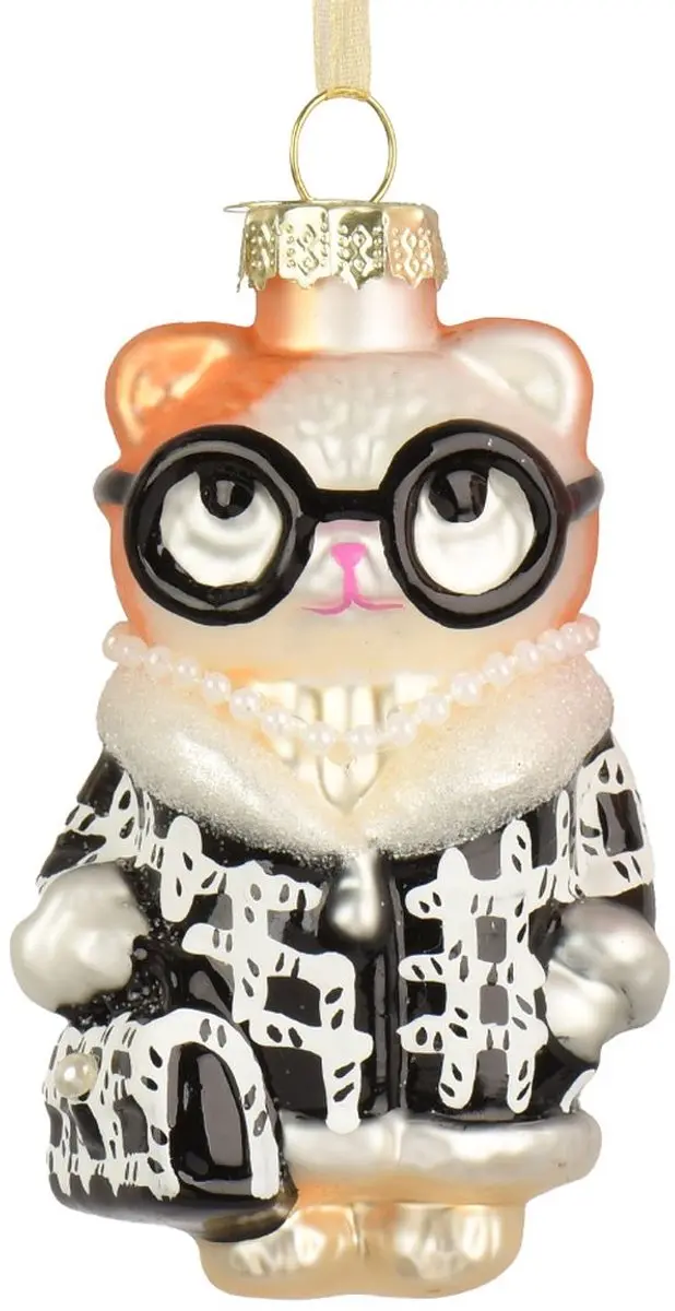 Kaemingk kersthanger kat met zwarte bril glas parelmoer 9 cm