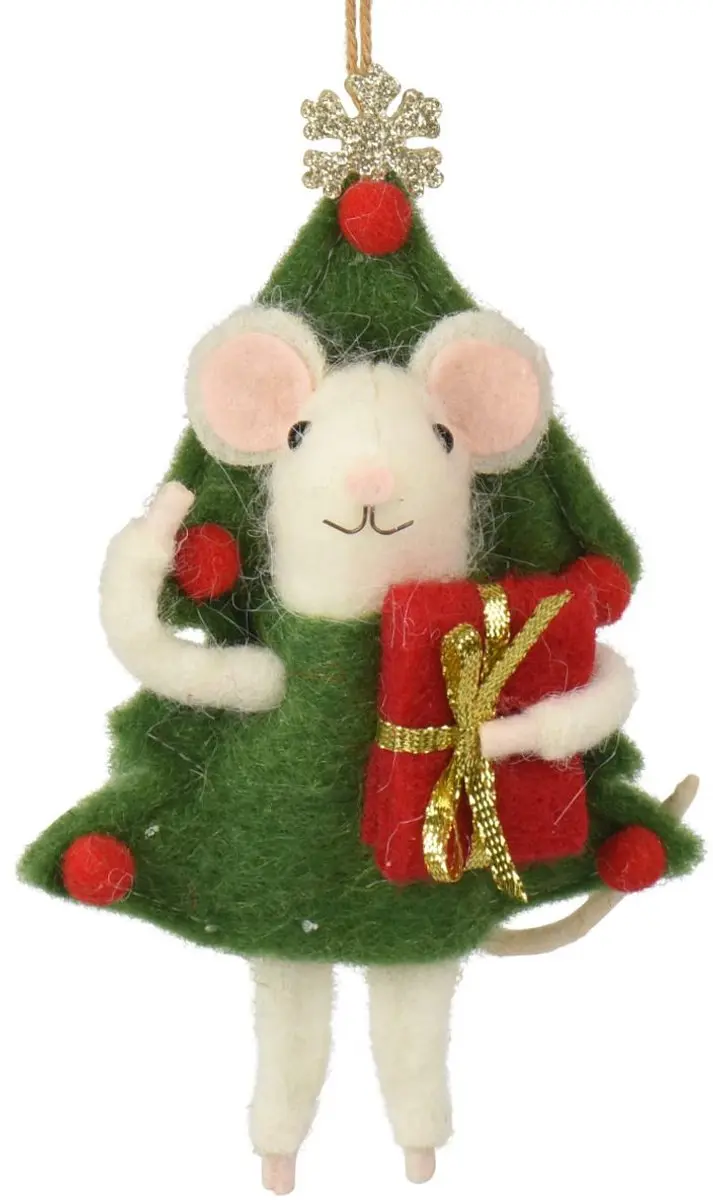 Kaemingk kersthanger muis verkleed als kerstboom wol 15 cm