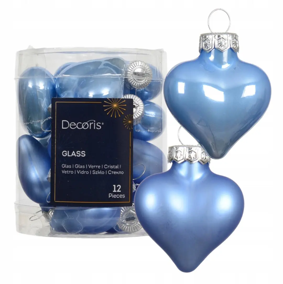 Glazen Blauwe Hartjes Kerstballen 12 stuks Mat & Glanzend