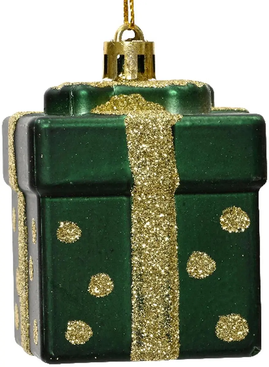 Kaemingk kerstbal Cadeau groen mat goudglitter hoogte 6,8 cm