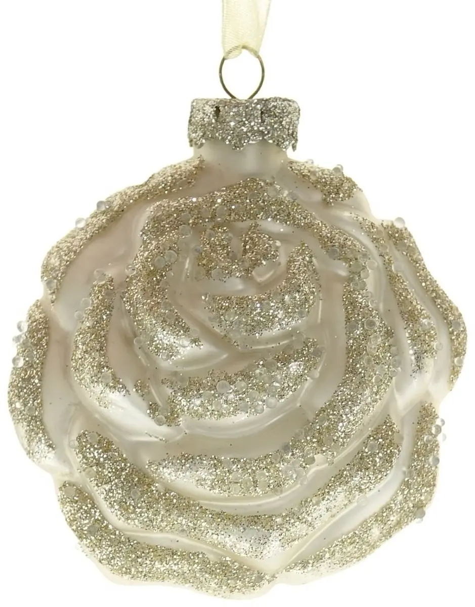 Kaemingk Kerstbal Rozenbloesem Beige met Goudglitter 8 cm