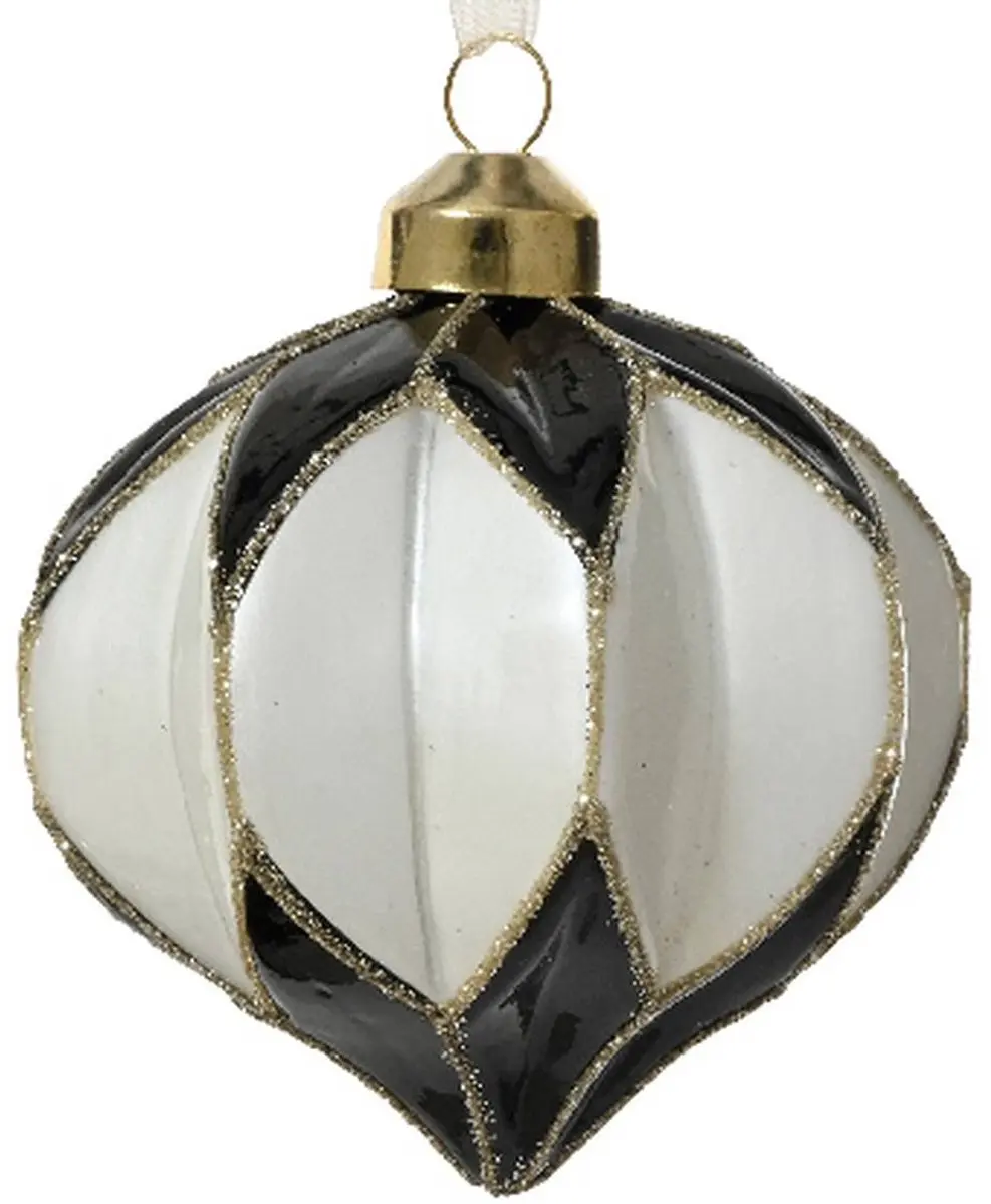 Kerstbal facet uivorm zwart wit goudkleurige glitter Ø 8 cm