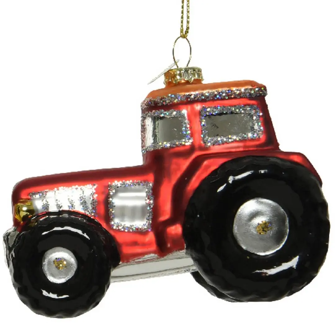 Kaemingk Kersthanger Tractor Rood met Zilverglitter 7 cm