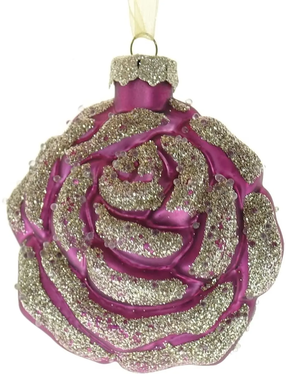 Kaemingk Kerstbal Rozenbloesem Fuchsia met Goudglitter 8 cm