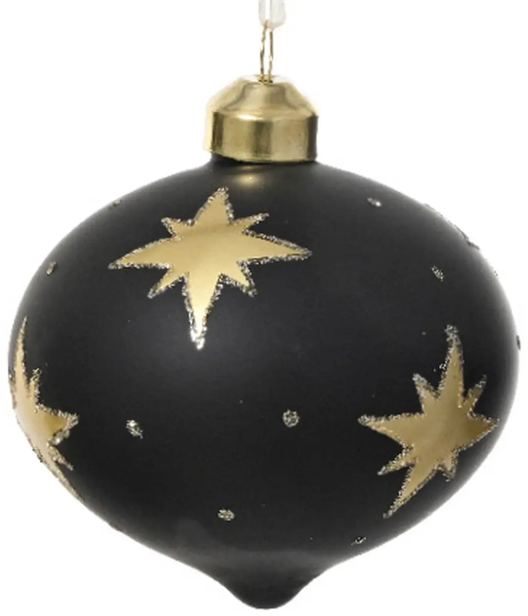 Kerstbal uivorm mat zwart goudkleurige sterren Ø 8 cm