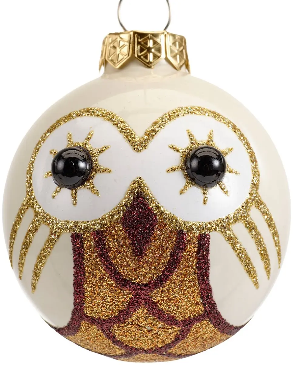 Kaemingk Kerstbal Uil Wolwit Glanzend en Goud met Glitter 6 cm