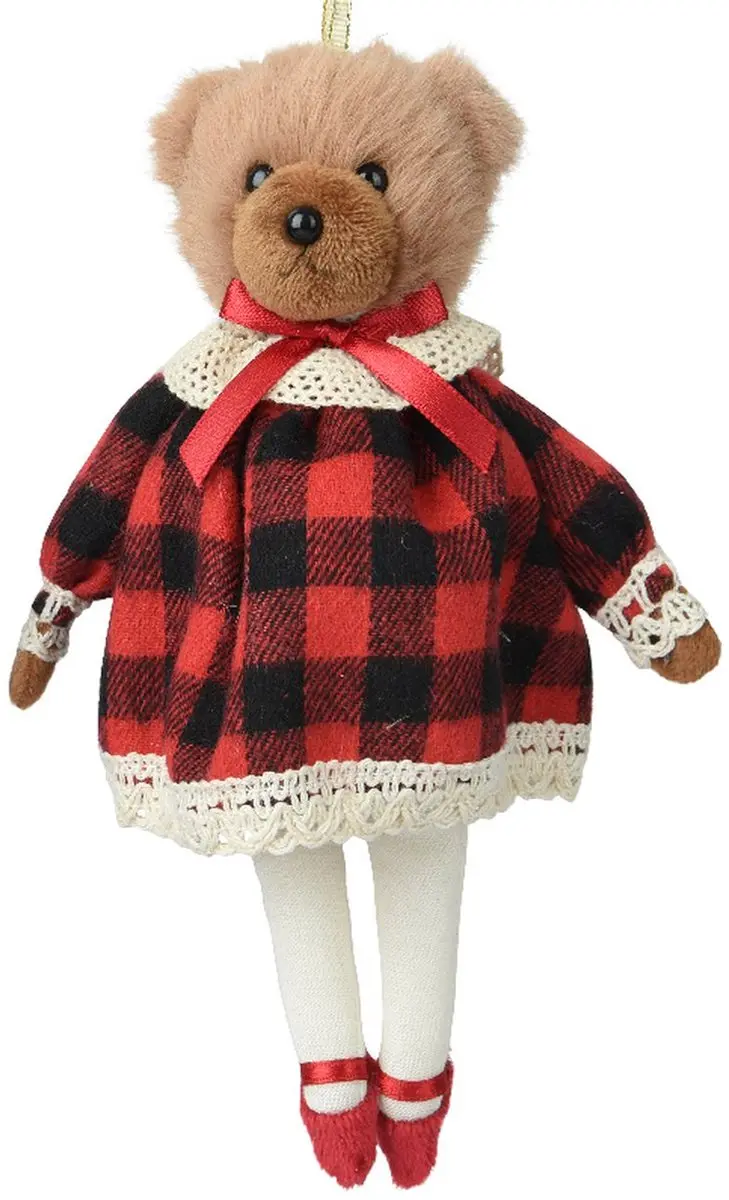 Kaemingk Kersthanger Teddybeer Vrouw Geruite Jurk 18 cm