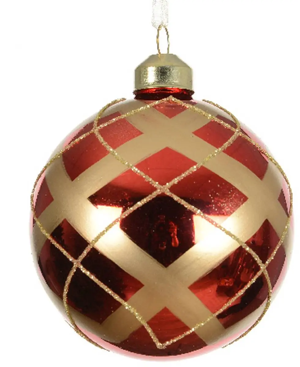 Kerstbal Schotse ruit rood en goudkleurig Ø 8 cm