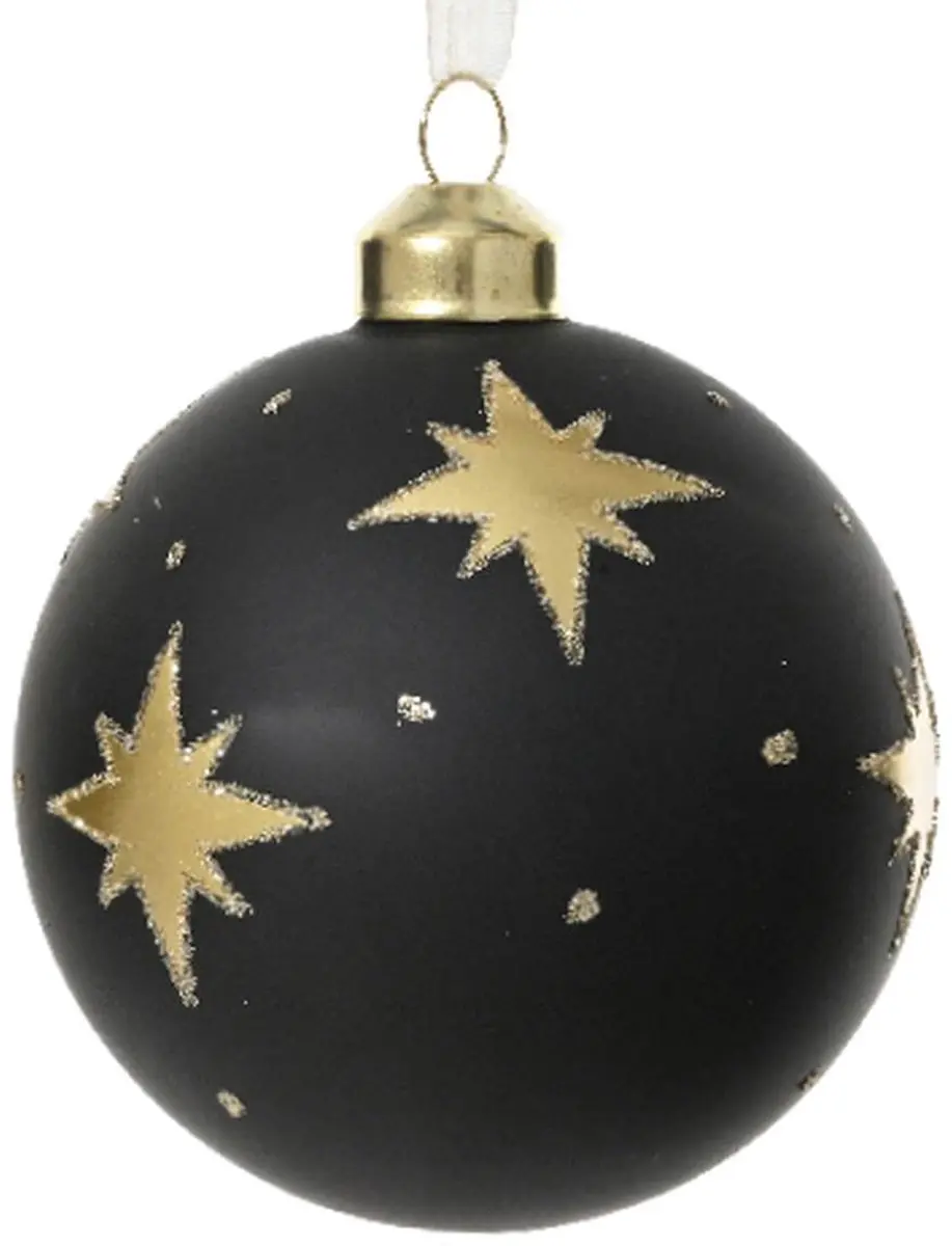 Kerstbal mat zwart met goudkleurige sterren Ø 8 cm