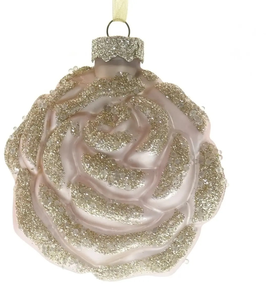 Kaemingk Kerstbal Rozenbloesem Zachtroze met Goudglitter 8 cm