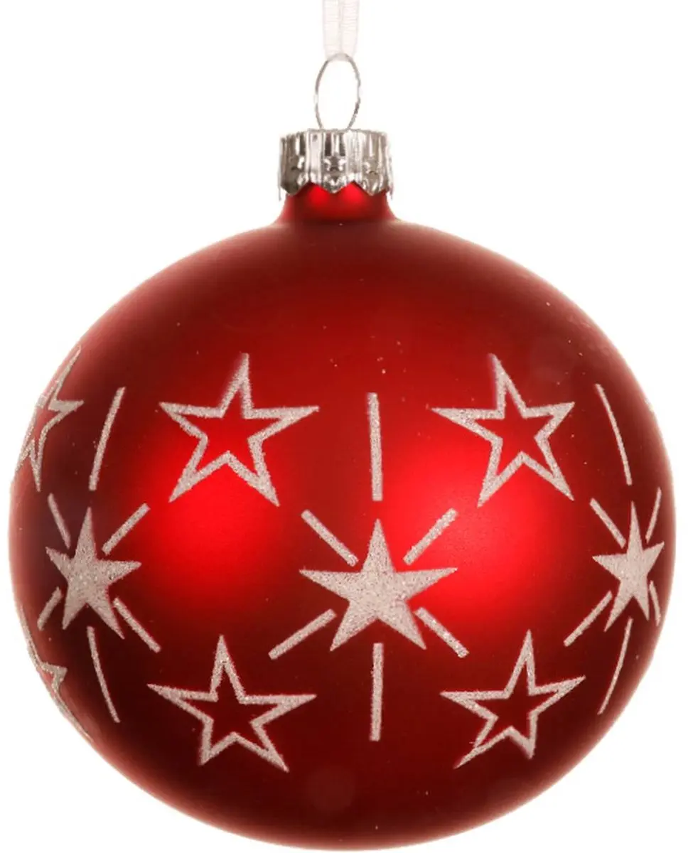 Kerstbal Christmas Red rood met witte glittersterren Ø 8 cm