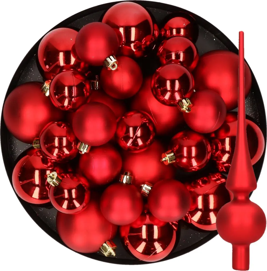 Kerstversiering kunststof kerstballen met glazen piek rood 6-8-10 cm pakket van