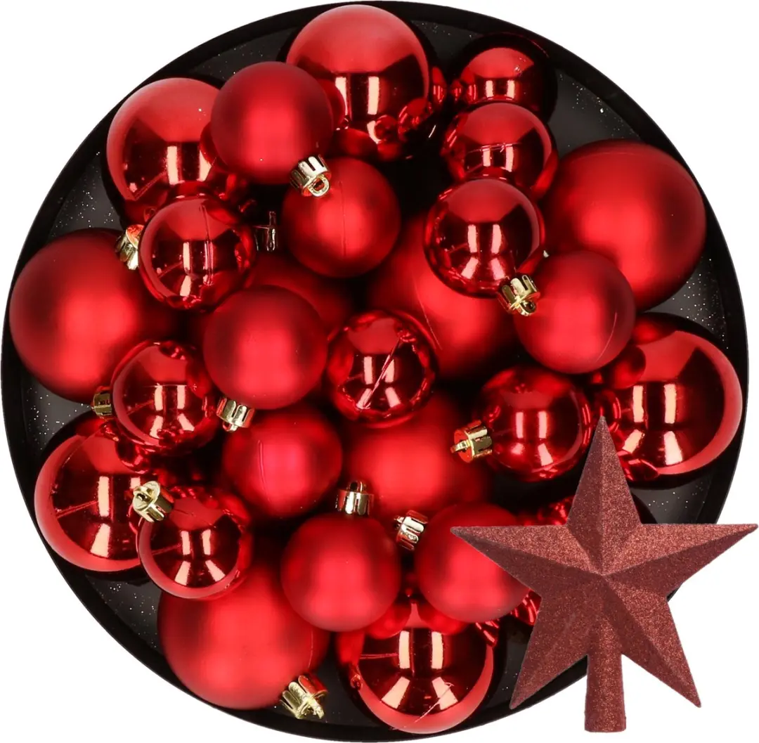 Kerstversiering kunststof kerstballen met piek rood 6-8-10 cm pakket van 45x stu