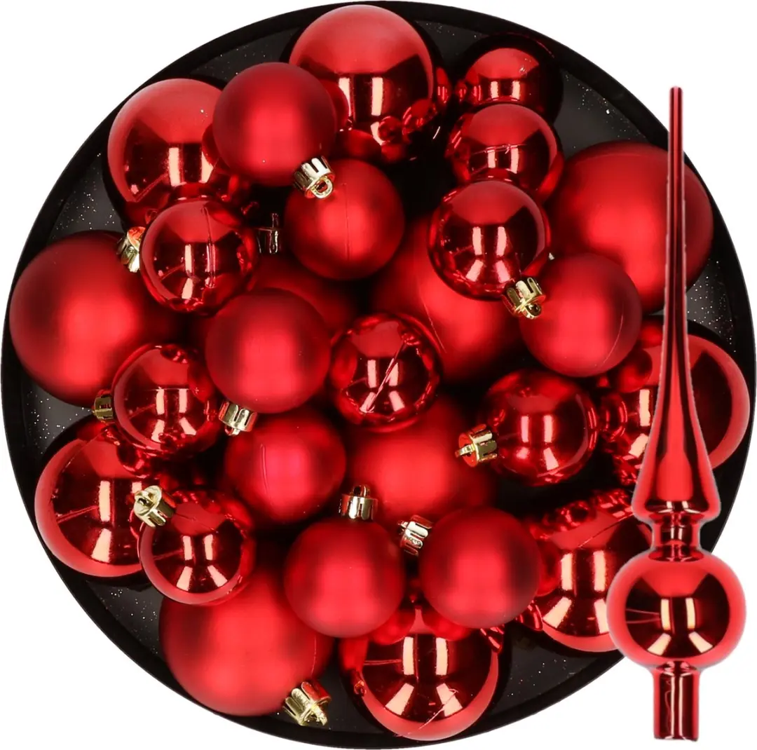 Kerstversiering kunststof kerstballen met glazen piek rood 6-8-10 cm pakket van 37x stuks - Kerstboomversiering