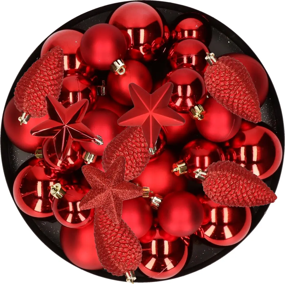 Kerstversiering kunststof kerstballen/hangers rood 6-8-10 cm pakket van 68x stuk
