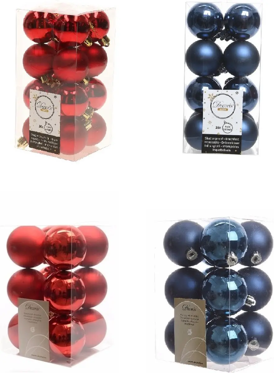 Kerstversiering kunststof kerstballen kleuren mix donkerblauw/rood 4 en 6 cm pak