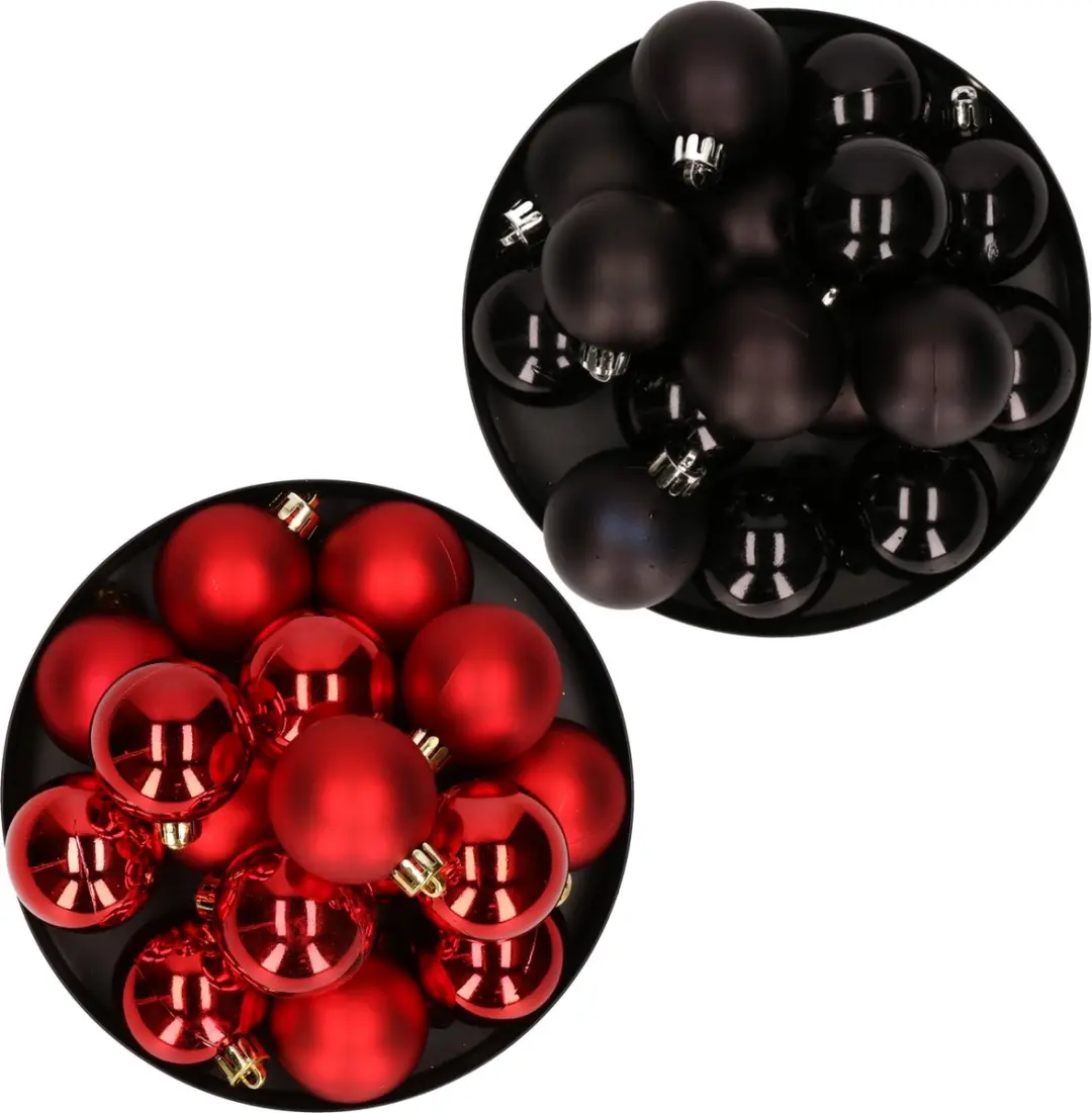 Kerstversiering kunststof kerstballen kleuren mix zwart/ rood 4 en 6 cm pakket v