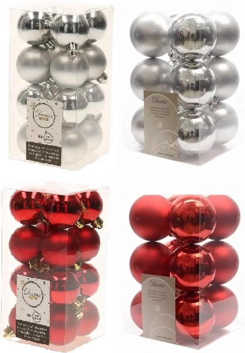 Kerstversiering kunststof kerstballen kleuren mix rood/ zilver 4 en 6 cm pakket