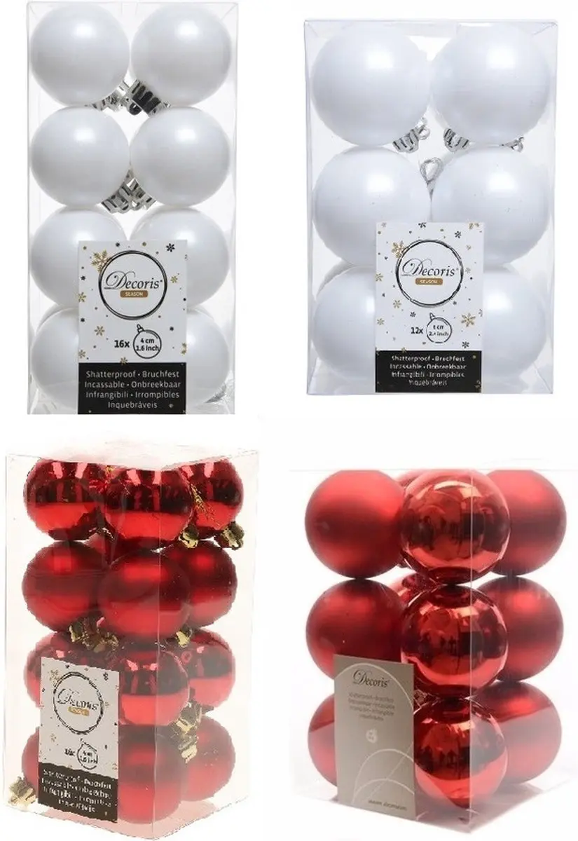 Kerstversiering kunststof kerstballen kleuren mix rood/ winter wit 4 en 6 cm pak