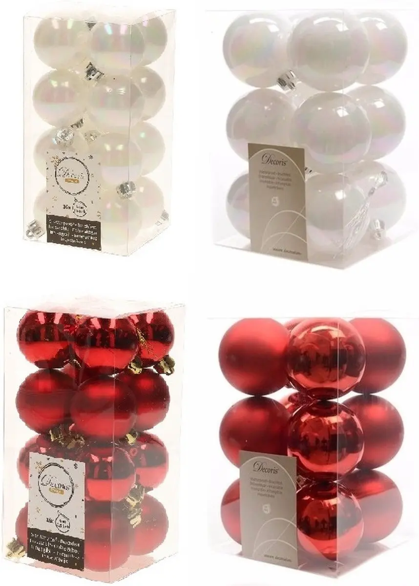 Kerstversiering kunststof kerstballen kleuren mix rood/ parelmoer wit 4 en 6 cm