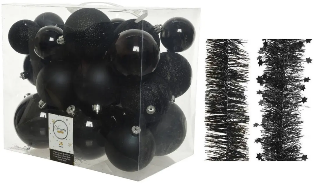 Decoris Kerstballen en Folieslingers kunststof zwart 28 stuks