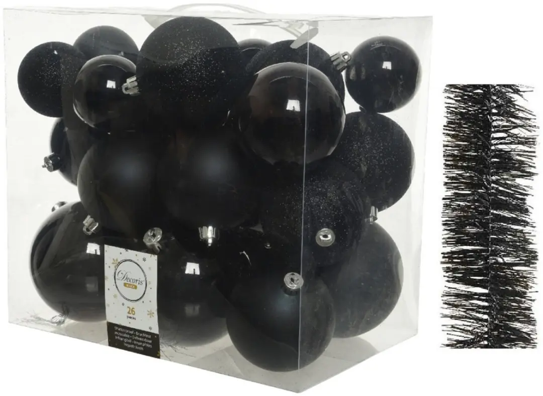Decoris Kerstballen set kunststof 6-8-10 cm zwart - 28 stuks - mat glans glitter - folieslingers