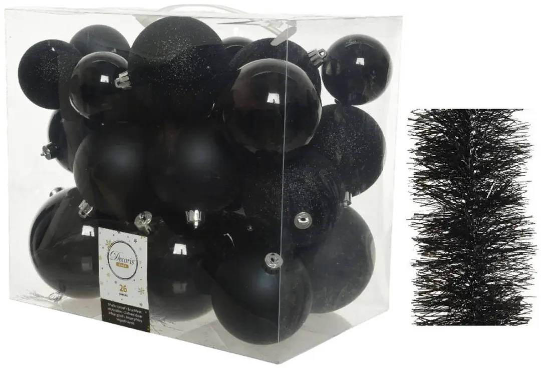Decoris Kerstballen set kunststof 6-8-10 cm zwart