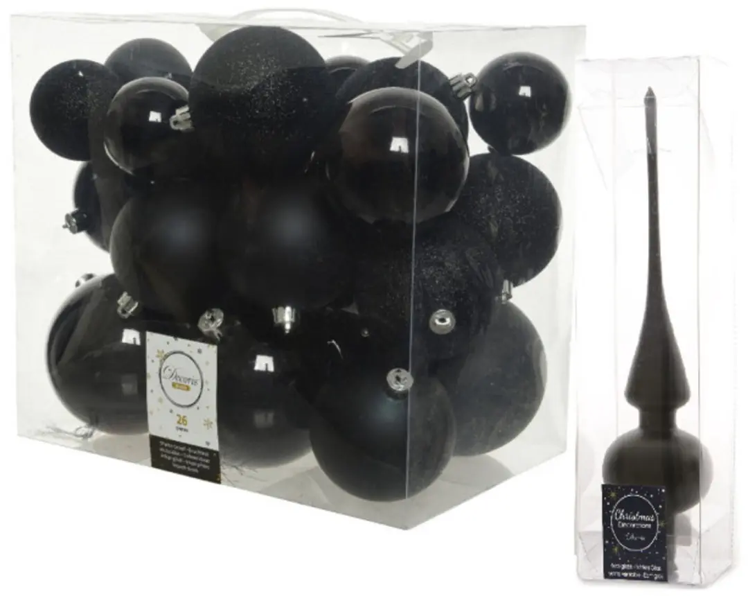 Decoris kerstballen set kunststof zwart 6-8-10 cm 27 stuks
