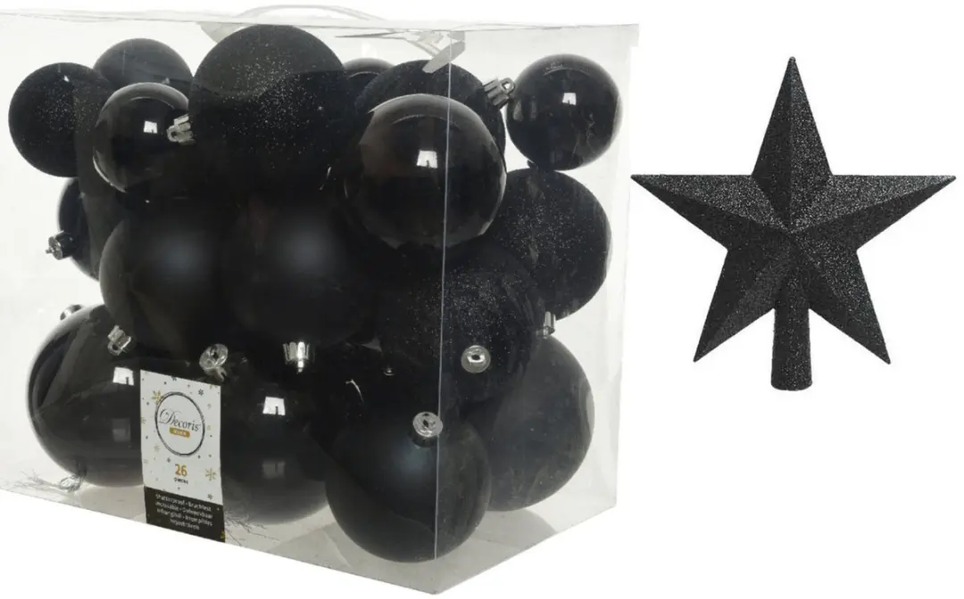 Decoris kunststof kerstballen zwart 6-8-10 cm pakket 27 stuks