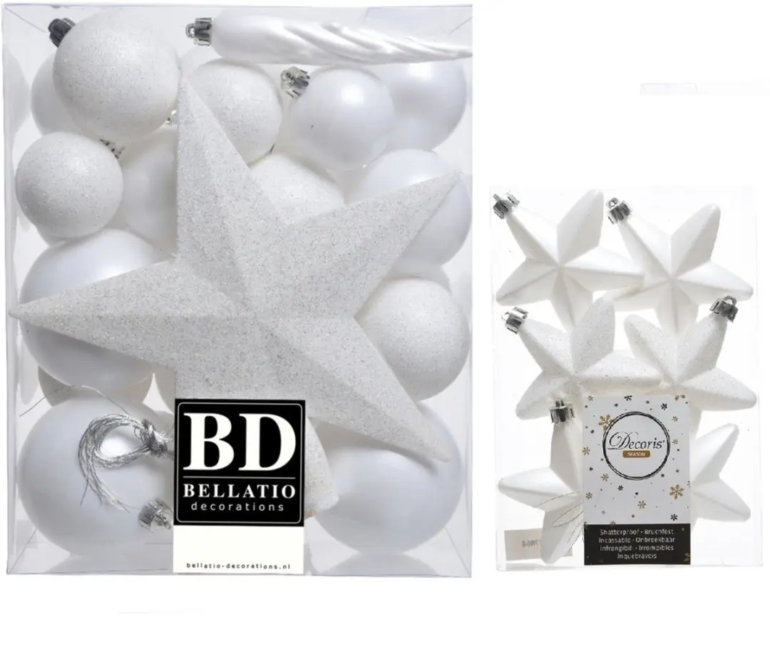 Decoris Kerstversiering kunststof kerstballen en sterren wit 5-6-8 cm