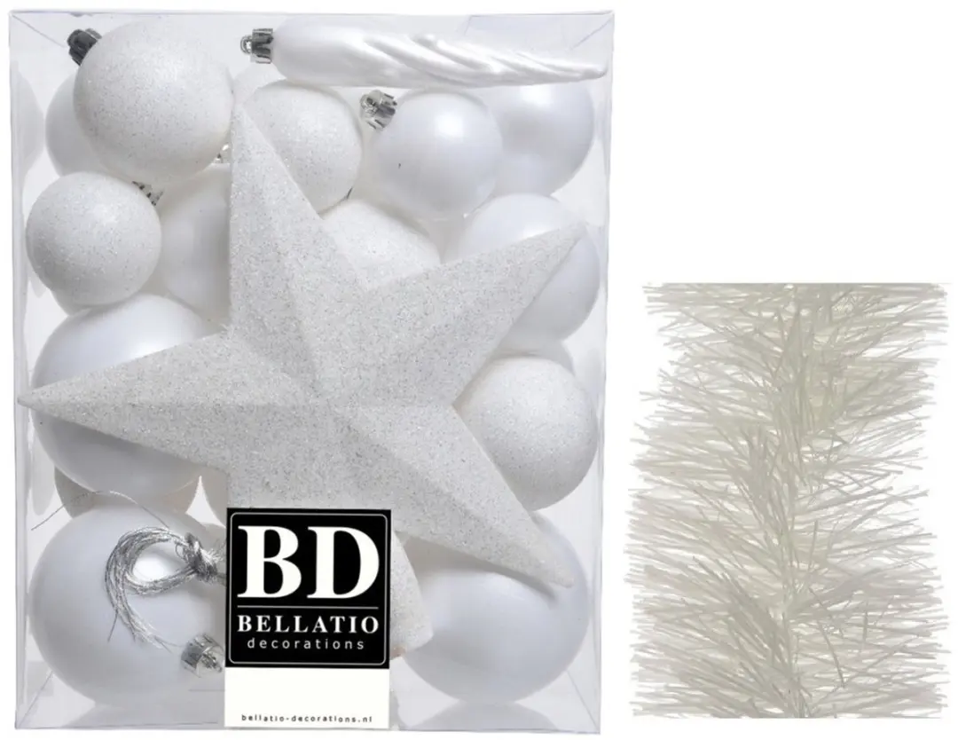 Decoris Kerstballen set 35x wit kunststof mix maten 5-6-8 cm