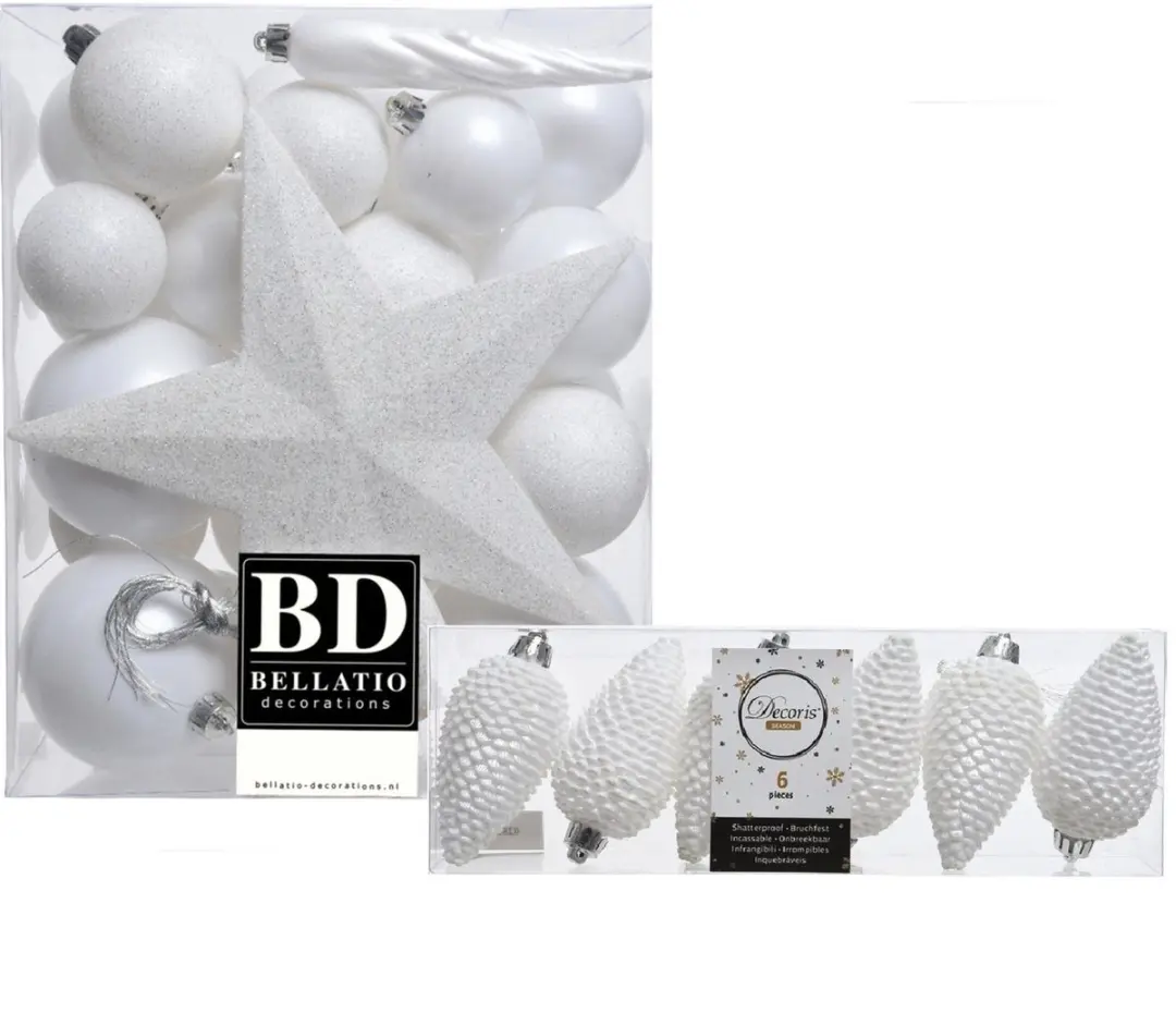 Decoris Kerstversiering kunststof kerstballen wit 5-6-8 cm 39 stuks