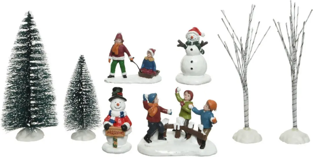 8x stuks kerstdorp accessoires figuurtjes/poppetjes en kerstboompje