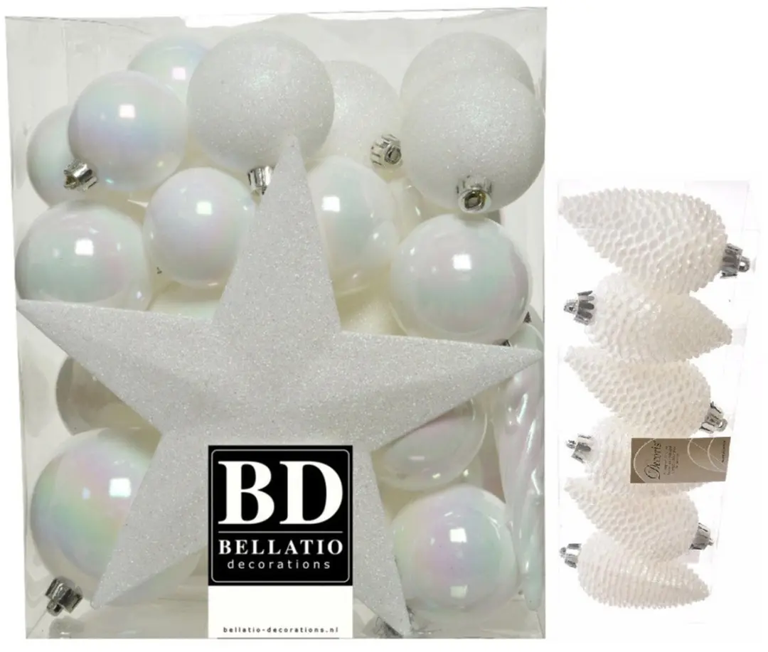 Decoris Kerstversiering kunststof kerstballen parelmoer wit 39x stuks