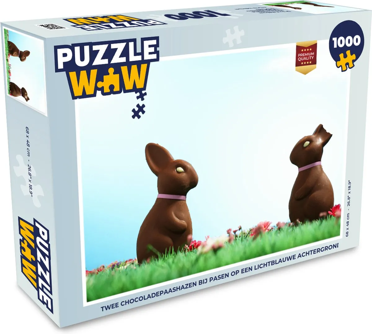 Puzzel Twee chocoladepaashazen bij Pasen op een lichtblauwe achtergrond - Legpuzzel - Puzzel 1000 stukjes volwassenen