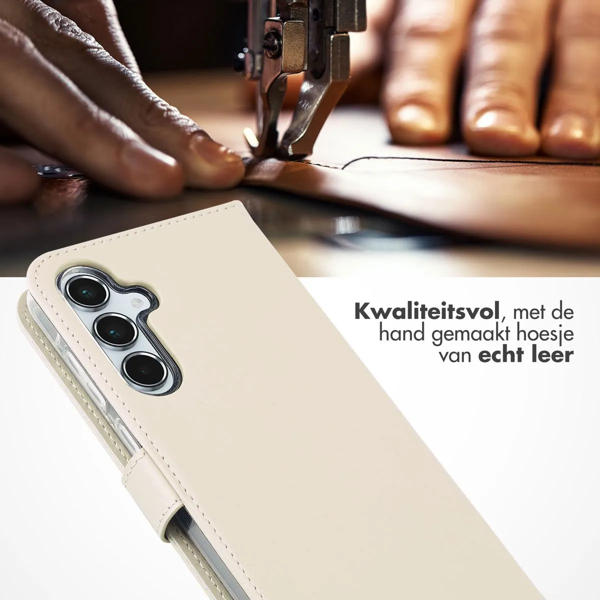 Selencia Hoesje Samsung Galaxy A55 - Echt Lederen Bookcase - Beige