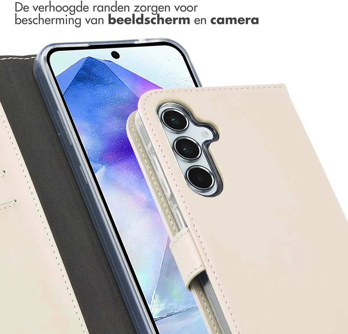 Selencia Hoesje Samsung Galaxy A55 - Echt Lederen Bookcase - Beige