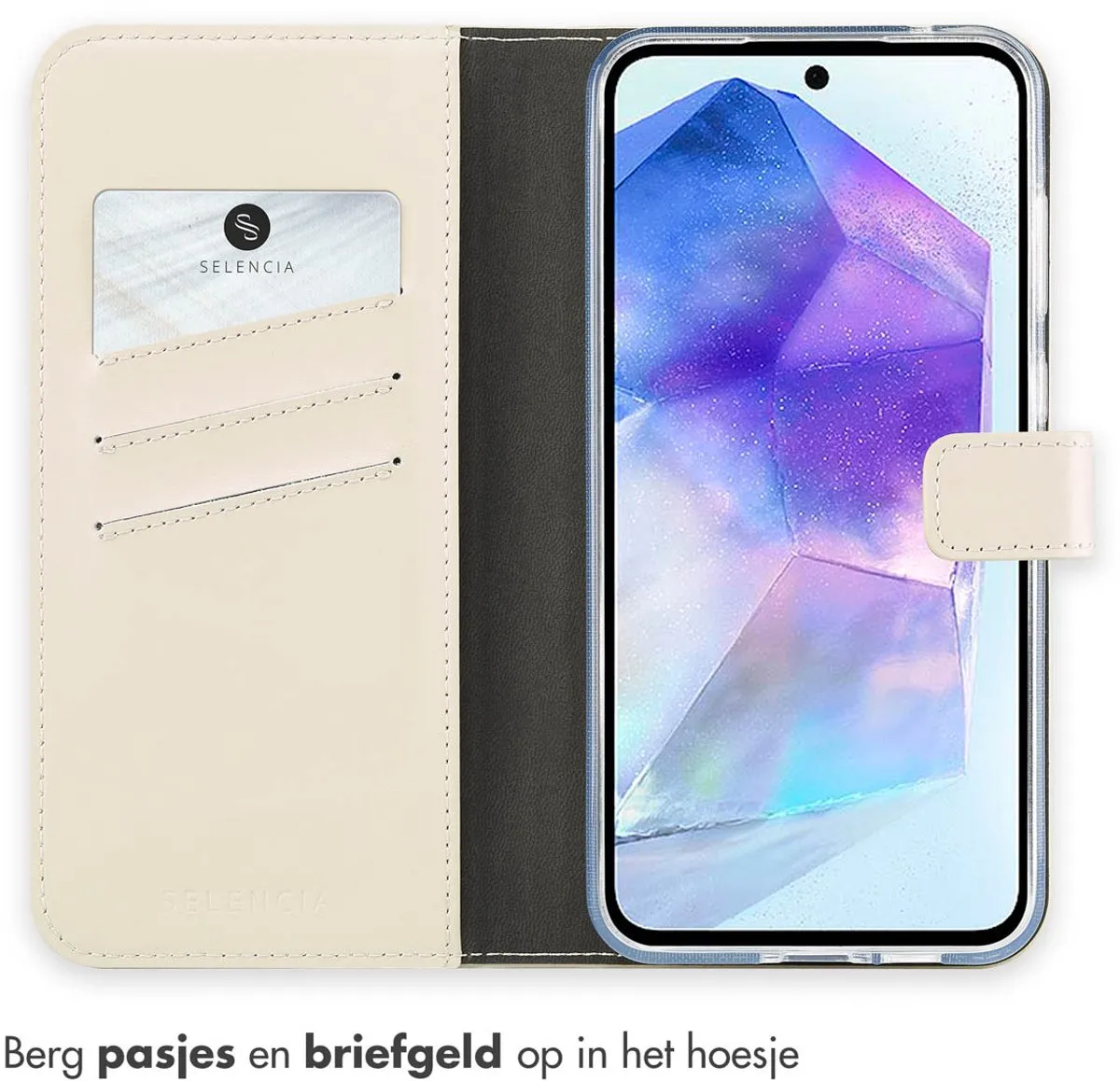 Selencia Hoesje Samsung Galaxy A55 - Echt Lederen Bookcase - Beige