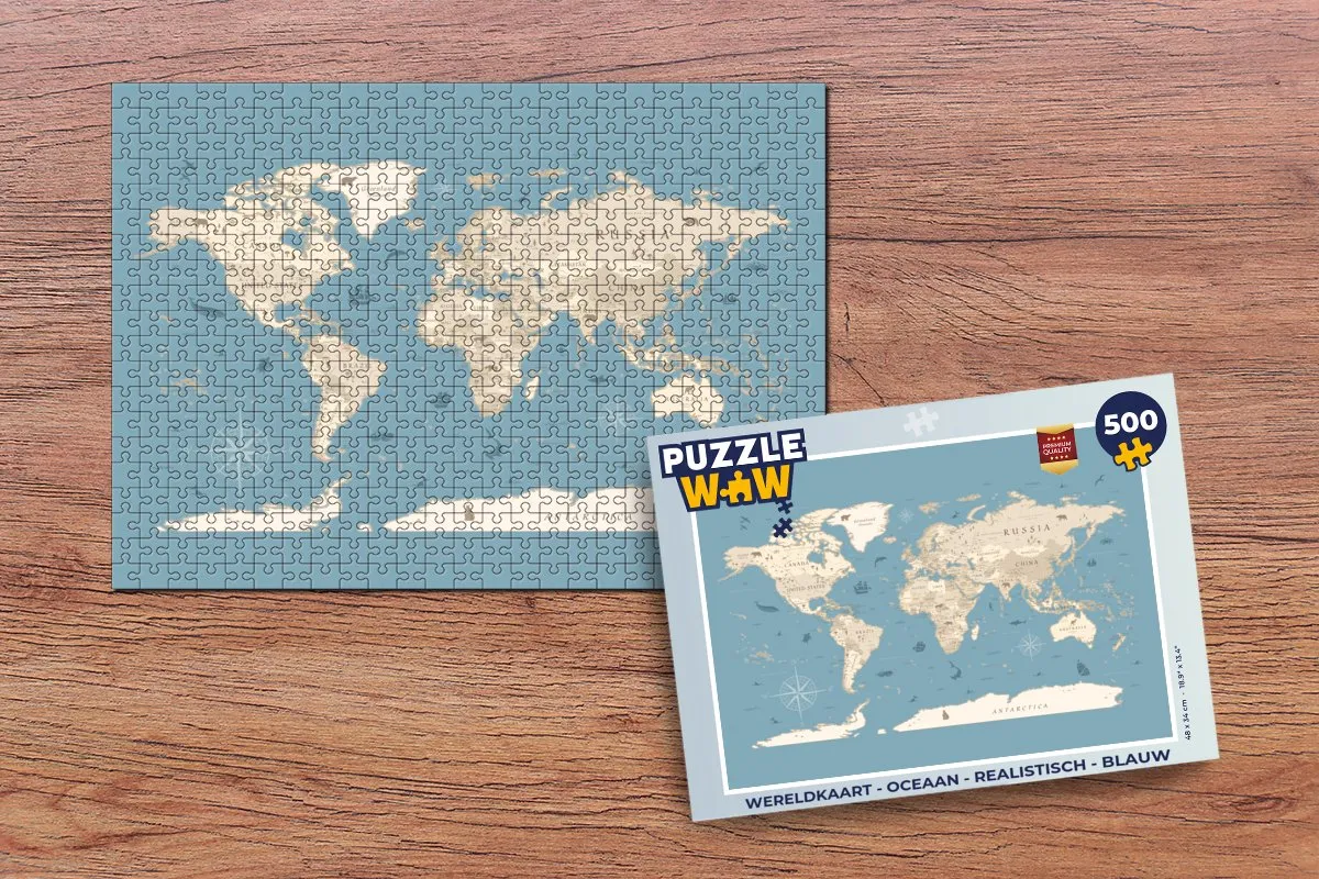 PuzzleWow Wereldkaart Oceaan Legpuzzel 500 Stuks - Blauw