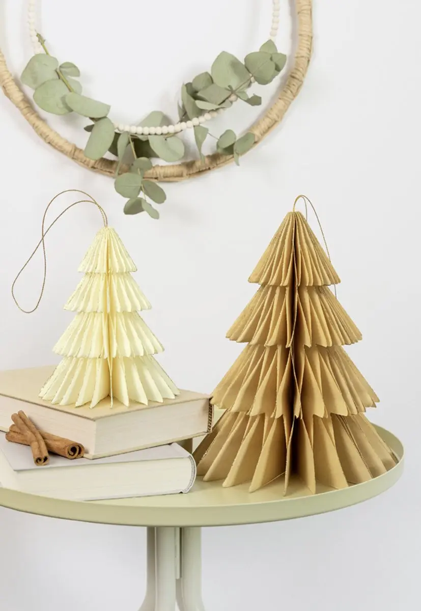 Folia Honingraatdecoratie Kerstbomen Set - 2 Stuks - Beige/Crème - afbeelding 2 van 2