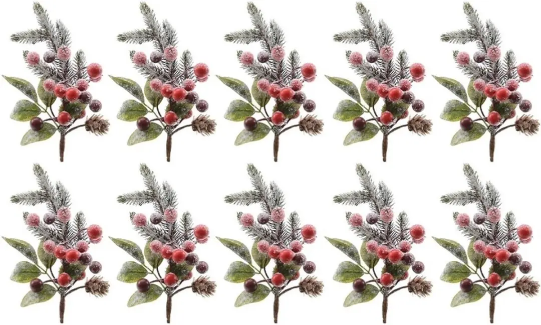 10x Kerststukje stekertjes met bessen en sneeuw groen/rood 20 cm