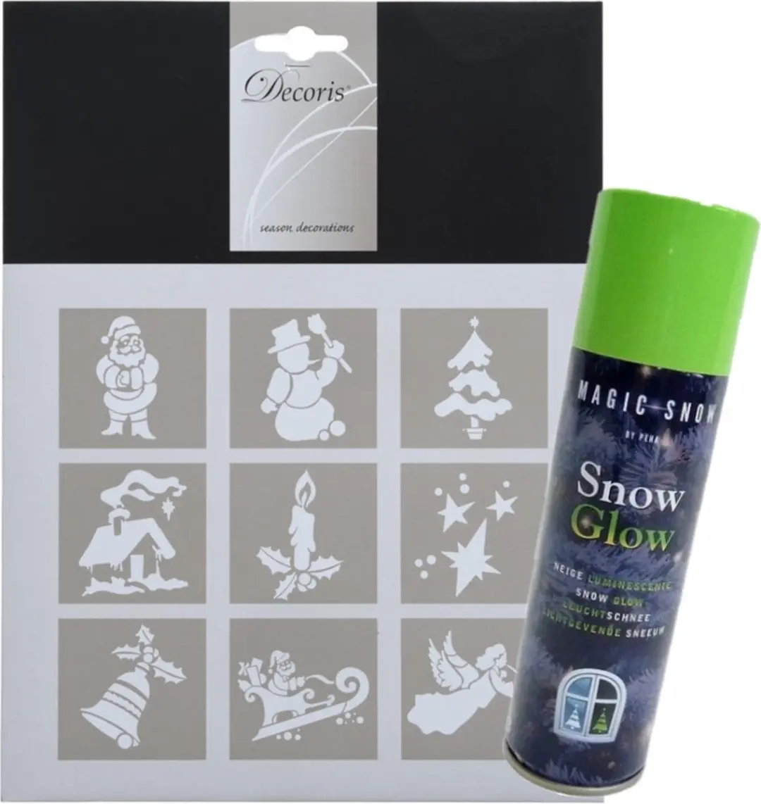 Kleine kerst raamsjablonen -9 sjablonen 5 cm -met glow in the dark sneeuwspray